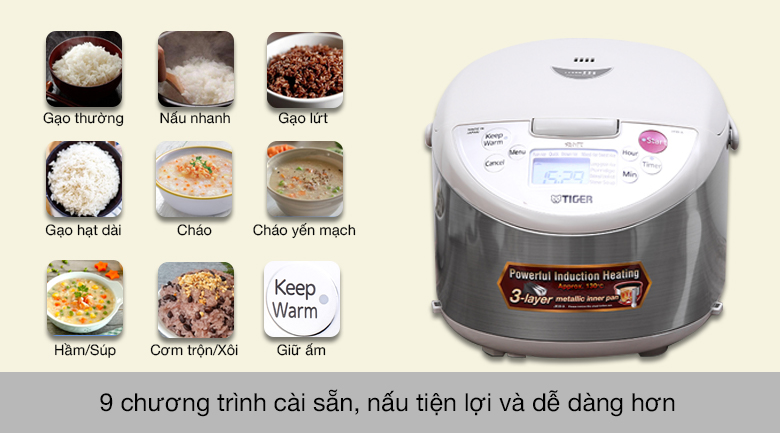 Nồi cơm điện cao tần Tiger 1.8 lít JKW-A18W - 9 chương trình cài sẵn tiện lợi