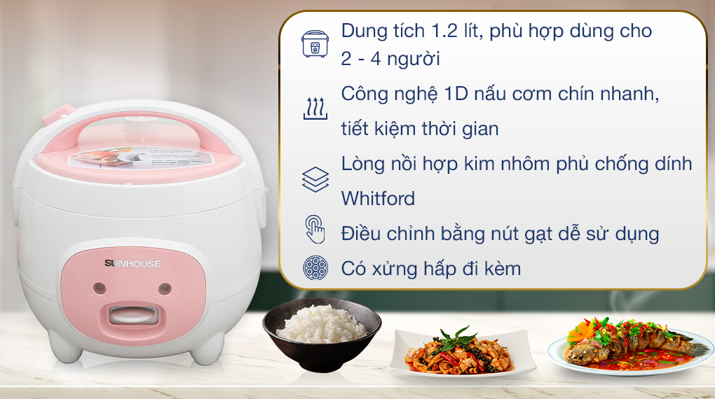 Nồi cơm nắp gài Sunhouse 1.2 lít SHD8217W - Tổng quan
