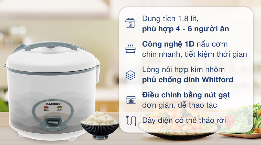 Nồi cơm nắp gài Sunhouse 1.8 lít SHD8602 - Tổng quan