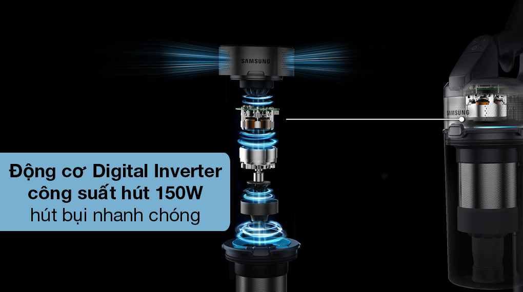 Máy hút bụi cầm tay Samsung VS15A6031R1/SV - Động cơ Digital Inverter, công suất đầu vào 410W tạo lực hút mạnh tới 150W