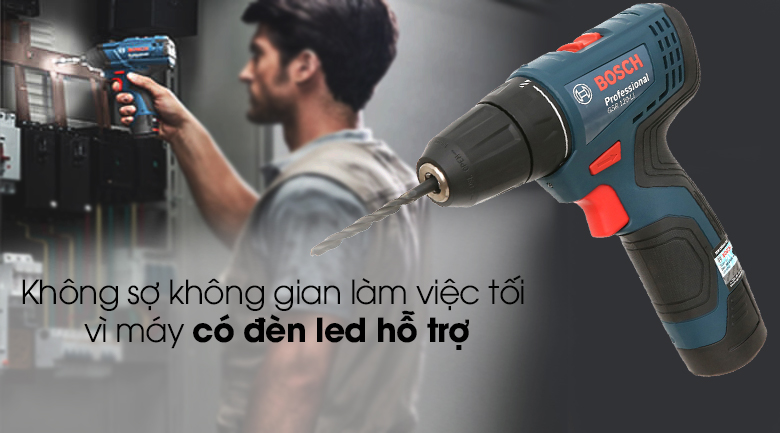 Máy khoan vặn vít dùng pin Bosch GSR 120-LI 1 pin - Đèn led hỗ trợ không gian tối